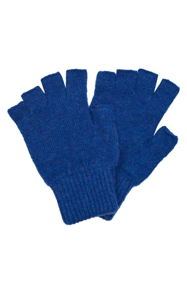 Luxury fingerless lambswool deep blue gloves made in Britain