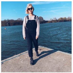 style mum Pascale banks wears jumper and dungarees