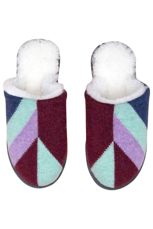 Luxury knitted mule slippers geometric design burgundy mint an lilac British made