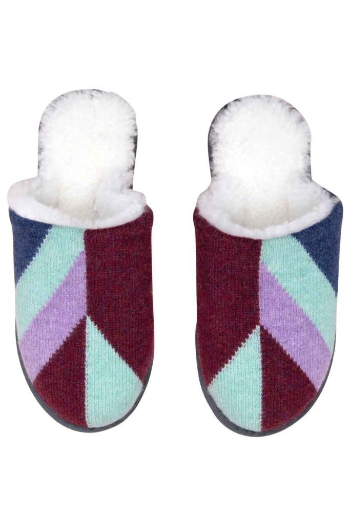 Luxury knitted mule slippers geometric design burgundy mint an lilac British made