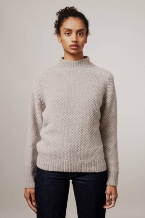 Rora  Chunky Moss Stitch Lambswool Turtleneck Sweater Beige - British Made