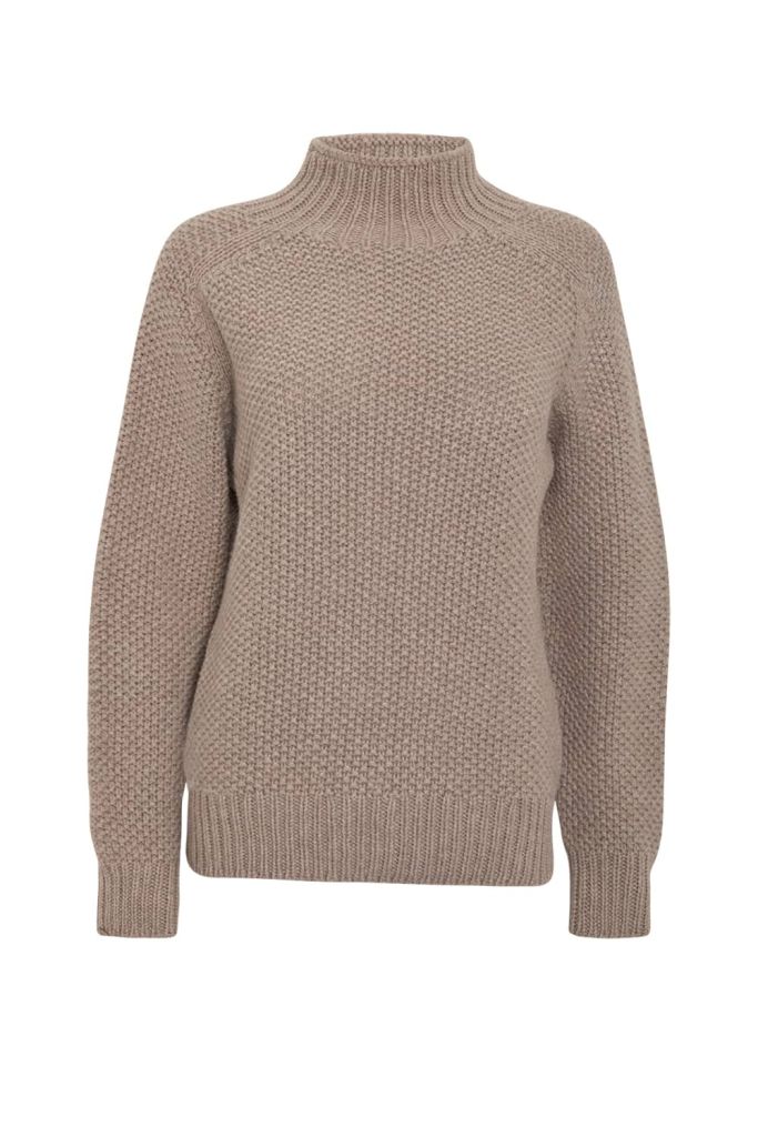 Rora  Chunky Moss Stitch Lambswool Turtleneck Sweater Beige - British Made