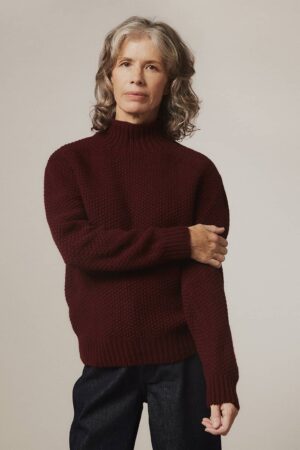 Rora Chunky Moss Stitch Lambswool Turtleneck Sweater Burgundy - British Made