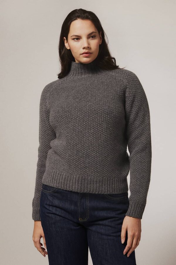 Rora Chunky Moss Stitch Lambswool Roll Neck Sweater Grey - British Made 5