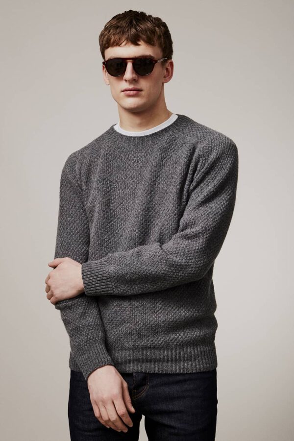 Ednam Moss Stitch Lambswool Sweater Grey - British Made 3