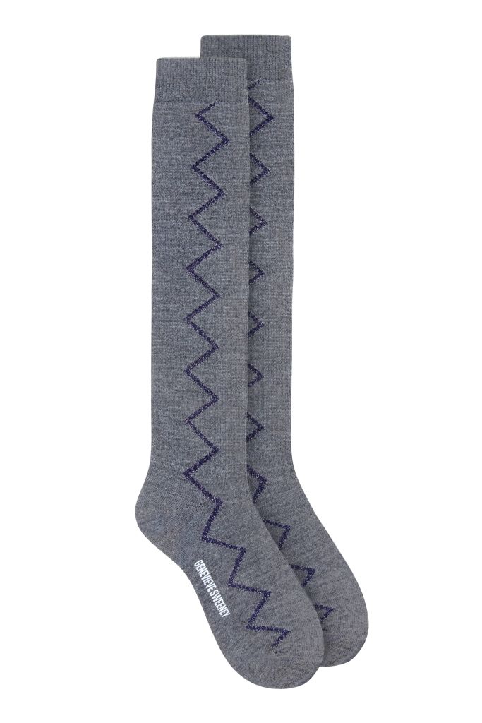 Women's knee high merino wool grey socks with sparkly navy zig zag design - British made