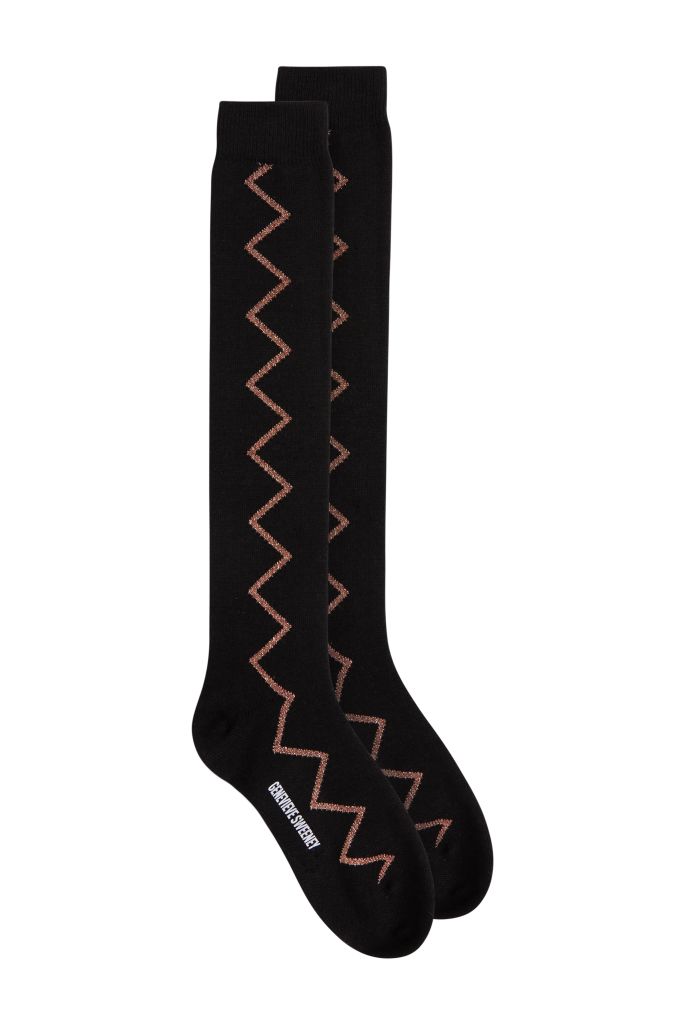 Womens knee high merino wool black socks with bronze sparkly zig zag - British made
