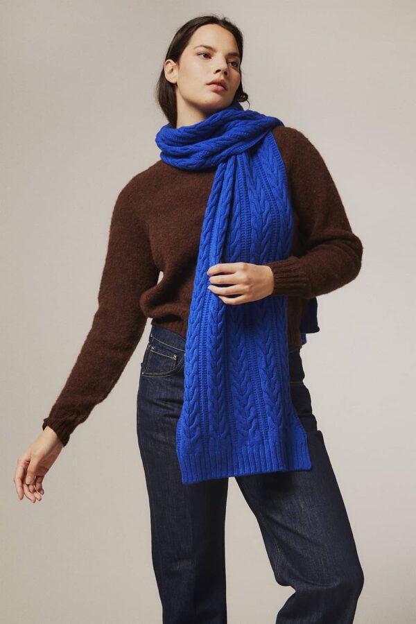 Cable Lambswool Scarf Bright Blue - British Made 2