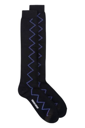 Luxury Women's Cotton Knee High Socks in Black with a Sparkly Purple Zig Zag Design - Made in Britain