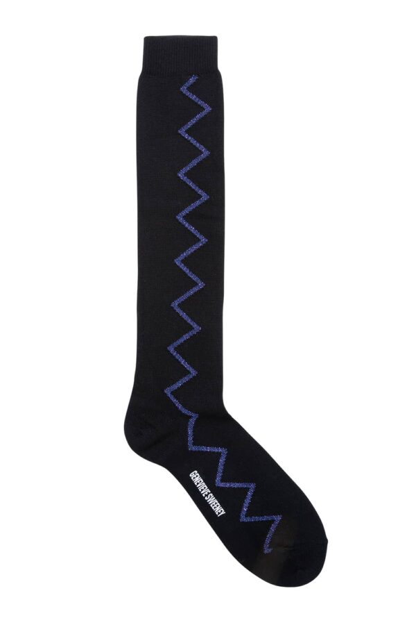 Luxury Women's Cotton Knee High Socks in Black with a Sparkly Purple Zig Zag Design - Made in Britain