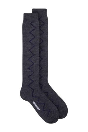 Luxury Women's knee high merino wool sparkly dark grey socks with zig zag design - Made in British