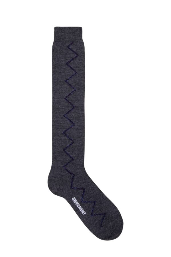 Women's knee high merino wool dark grey socks with sparkly purple zig zag design - British made