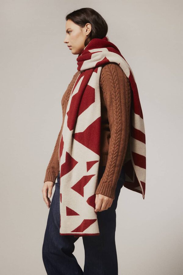 Geometric Lambswool Blanket Scarf Red - British Made 3