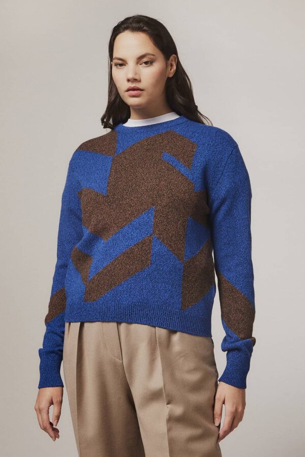 Leyden Geometric Lambswool Sweater Blue - British Made 8