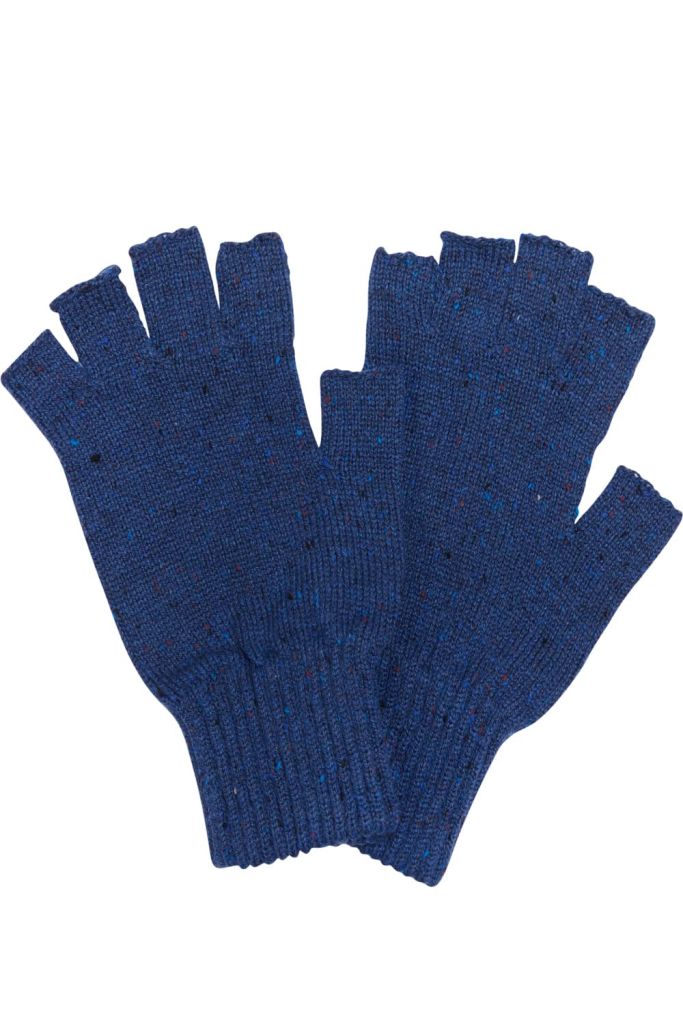 Fingerless Wool Tweed Gloves Blue - British Made