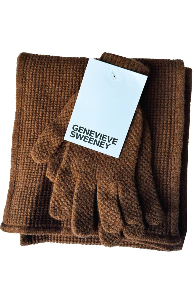 Moss Stitch Lambswool Scarf & Gloves Gift Set Hazelnut - British Made