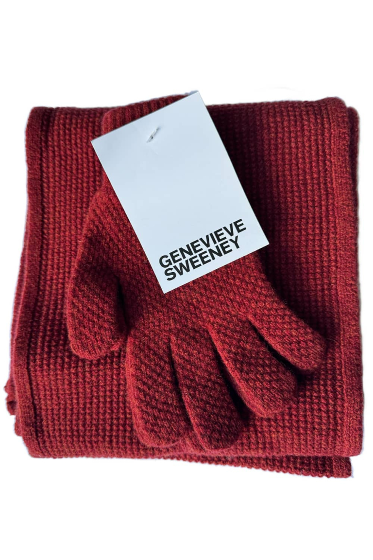 Moss Stitch Lambswool Scarf & Gloves Gift Set Red - British Made