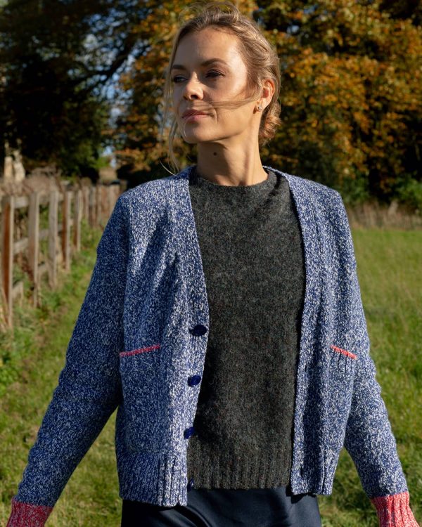 Lea Cardigan Textured Lambswool Blue - British Made 4