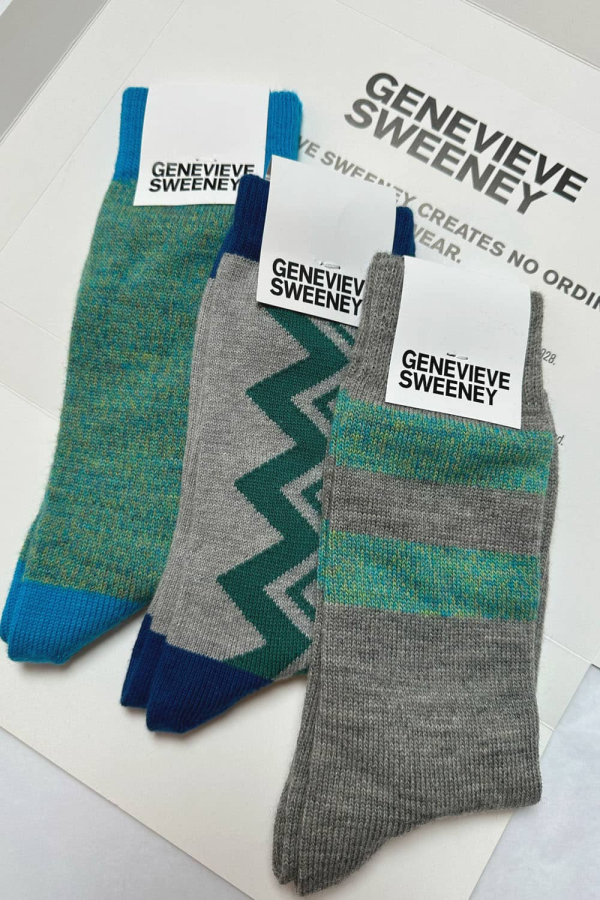 Genevieve Sweeney Merino Wool Cotton Sock Giftbox Grey Turquoise