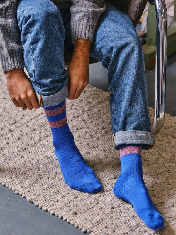 Samar Merino Wool Stripe Sock Bright Blue - British Made 2