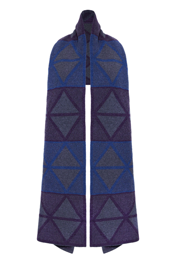 Geometric Lambswool Blanket Scarf Stormy Blue - British Made 2