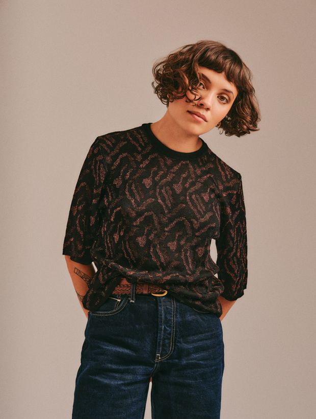>Aria Knitted T-shirt Viscose Jacquard Black