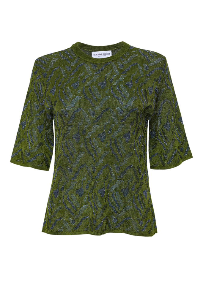 Aria Knitted T-shirt Viscose Jacquard Olive Green - British Made