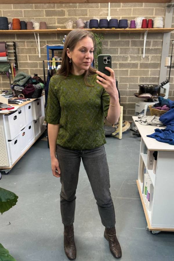 Aria Knitted T-shirt Viscose Jacquard Olive Green – Preorder - British Made 2