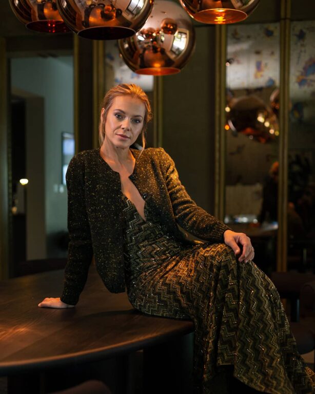 Maddis Lambswool Cardigan Black styled with black and gold evening dress