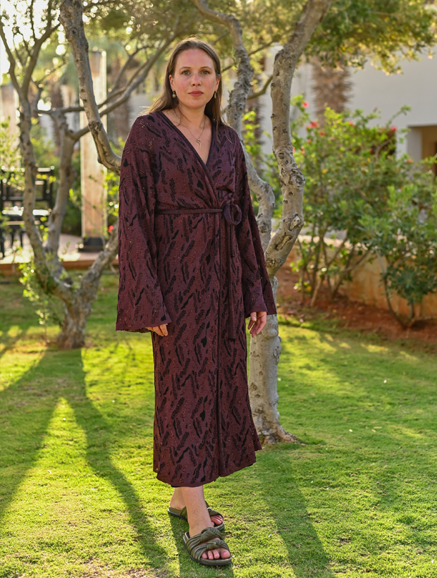 >Aster Jacquard Lace Knitted Long Cardigan Burgundy