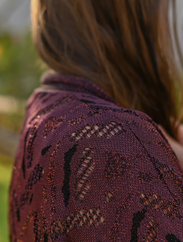 >Aster Jacquard Lace Knitted Long Cardigan Burgundy