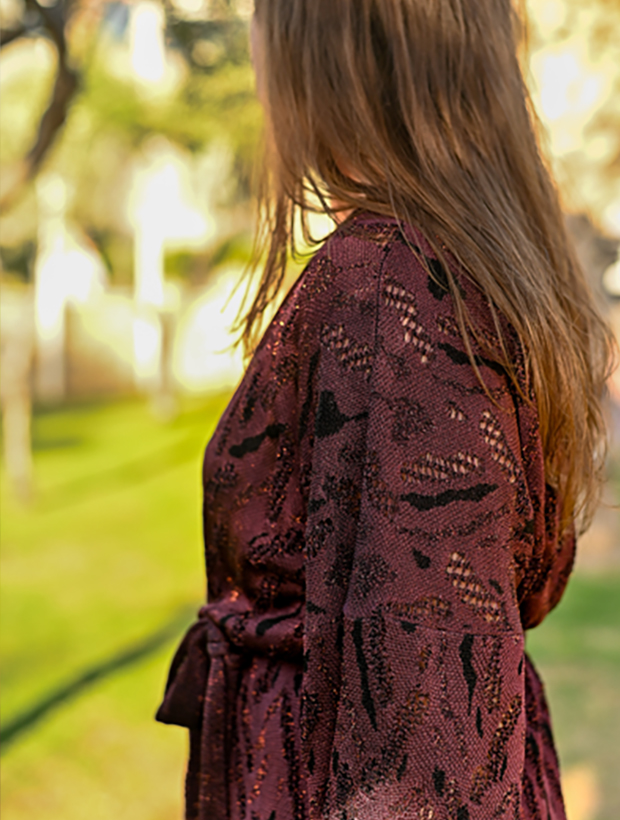 >Aster Jacquard Lace Knitted Long Cardigan Burgundy